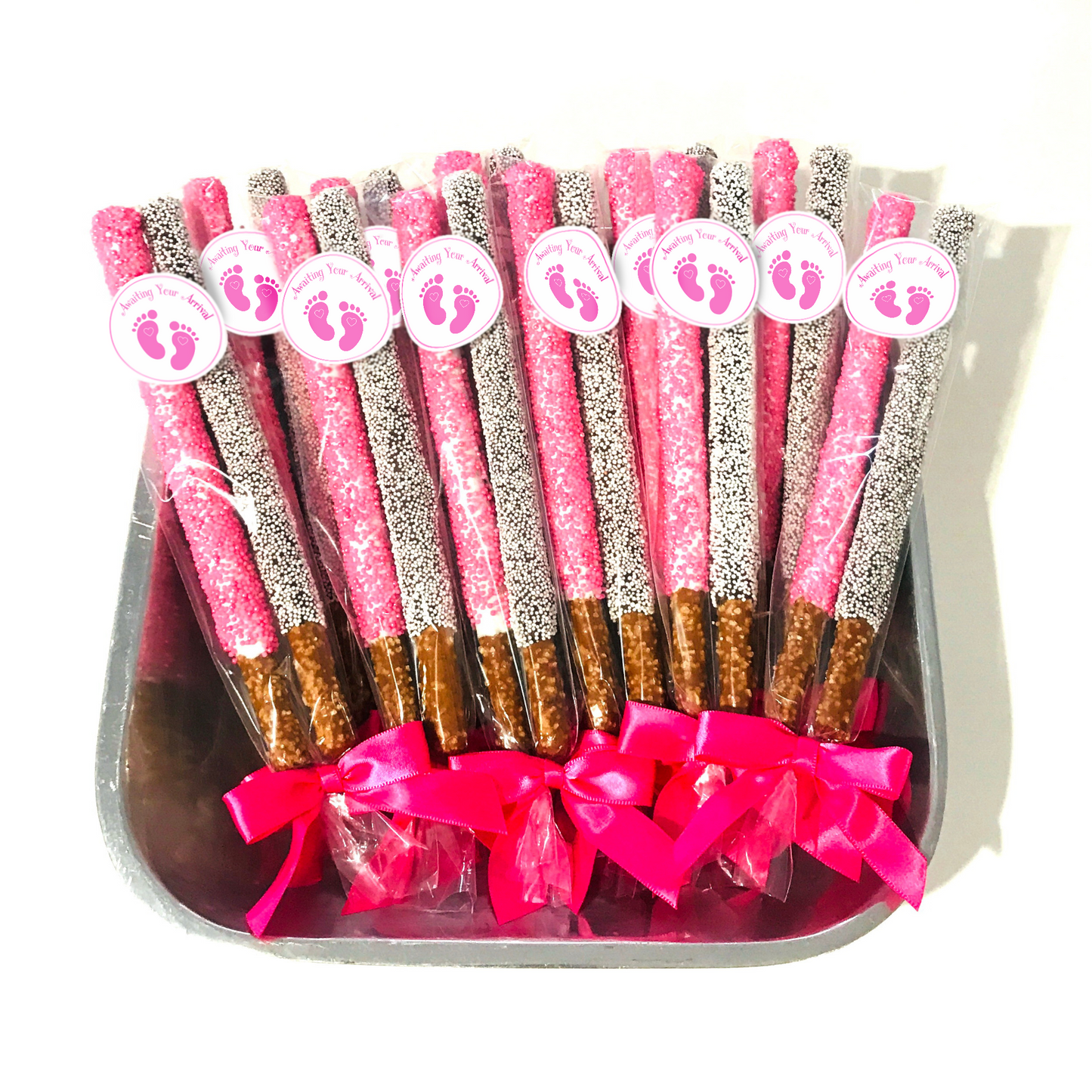 Baby Shower Chocolate Pretzel Rods - Girl (BRIGHT Pink & White)