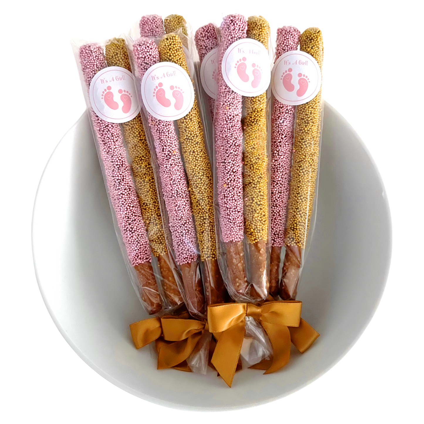 Baby Shower Chocolate Pretzel Rods - Girl (Pink & Gold)