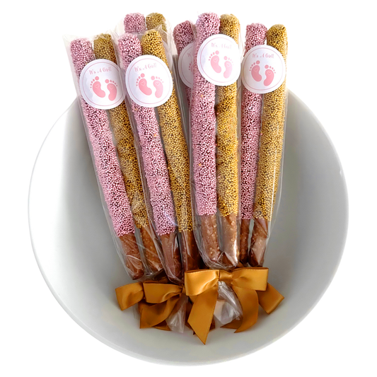 Baby Shower Chocolate Pretzel Rods - Girl  (Pink & Gold)