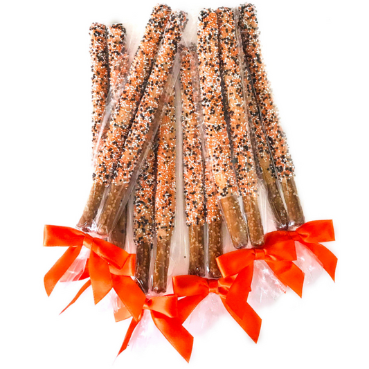 Pumpkin Spice Halloween Chocolate Covered Pretzel Rods