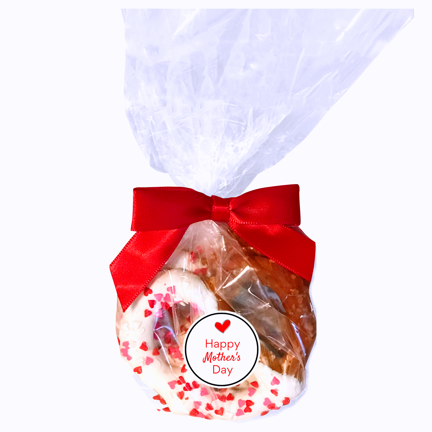 Mother's Day White Chocolate Covered Jumbo Pretzels with Heart Sprinkles