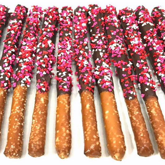 Mother's Day Chocolate Pretzel Rods with Heart Sprinkles