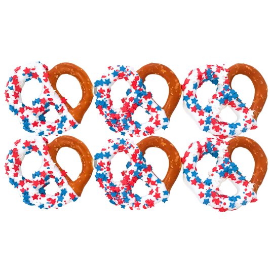 Patriotic White Chocolate Covered Jumbo Pretzels - Topped With Red, White, & Blue Stars