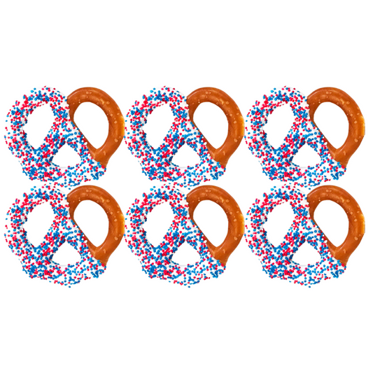 Patriotic White Chocolate Covered Jumbo Pretzels - Topped With Mixed Red, White, & Blue Sprinkles