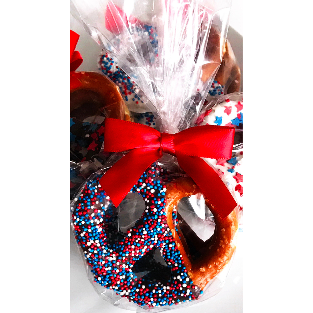 Patriotic Chocolate Covered Jumbo Pretzels - Topped With Red, White, & Blue Mixed Sprinkles