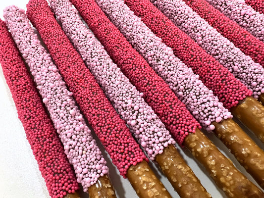 Valentine's Day Chocolate Pretzel Rods with Two-Tone Sprinkles