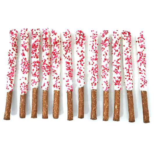 Valentine's Day White Chocolate Pretzel Rods with Heart Sprinkles