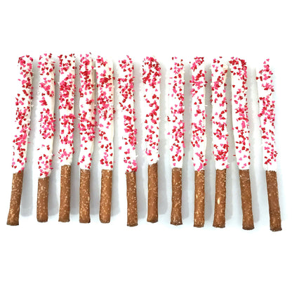 Mother's Day White Chocolate Pretzel Rods with Heart Sprinkles