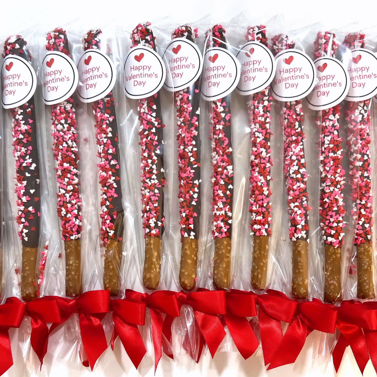 Valentine's Day Chocolate Pretzel Rods with Heart Sprinkles