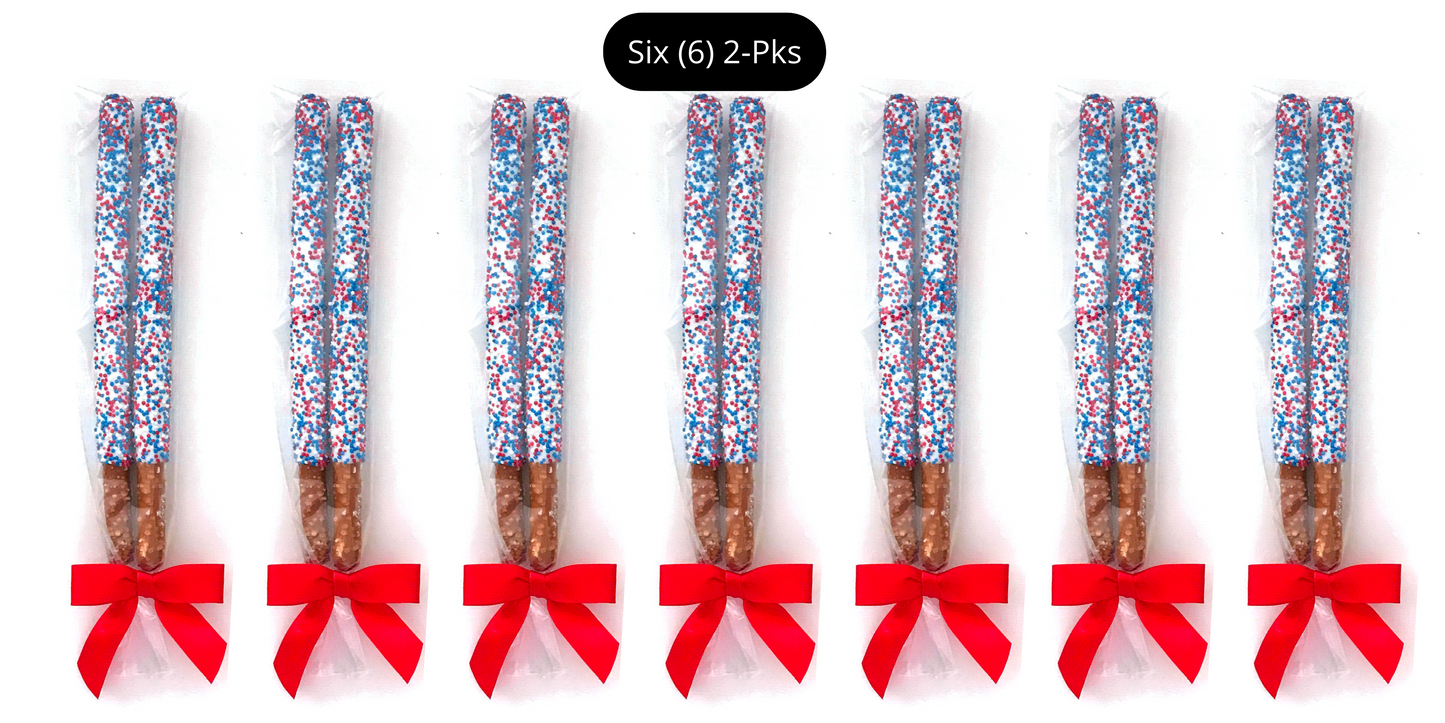 Patriotic White Chocolate Covered Pretzel Rods - Topped With Red, White, & Blue Mixed Sprinkles