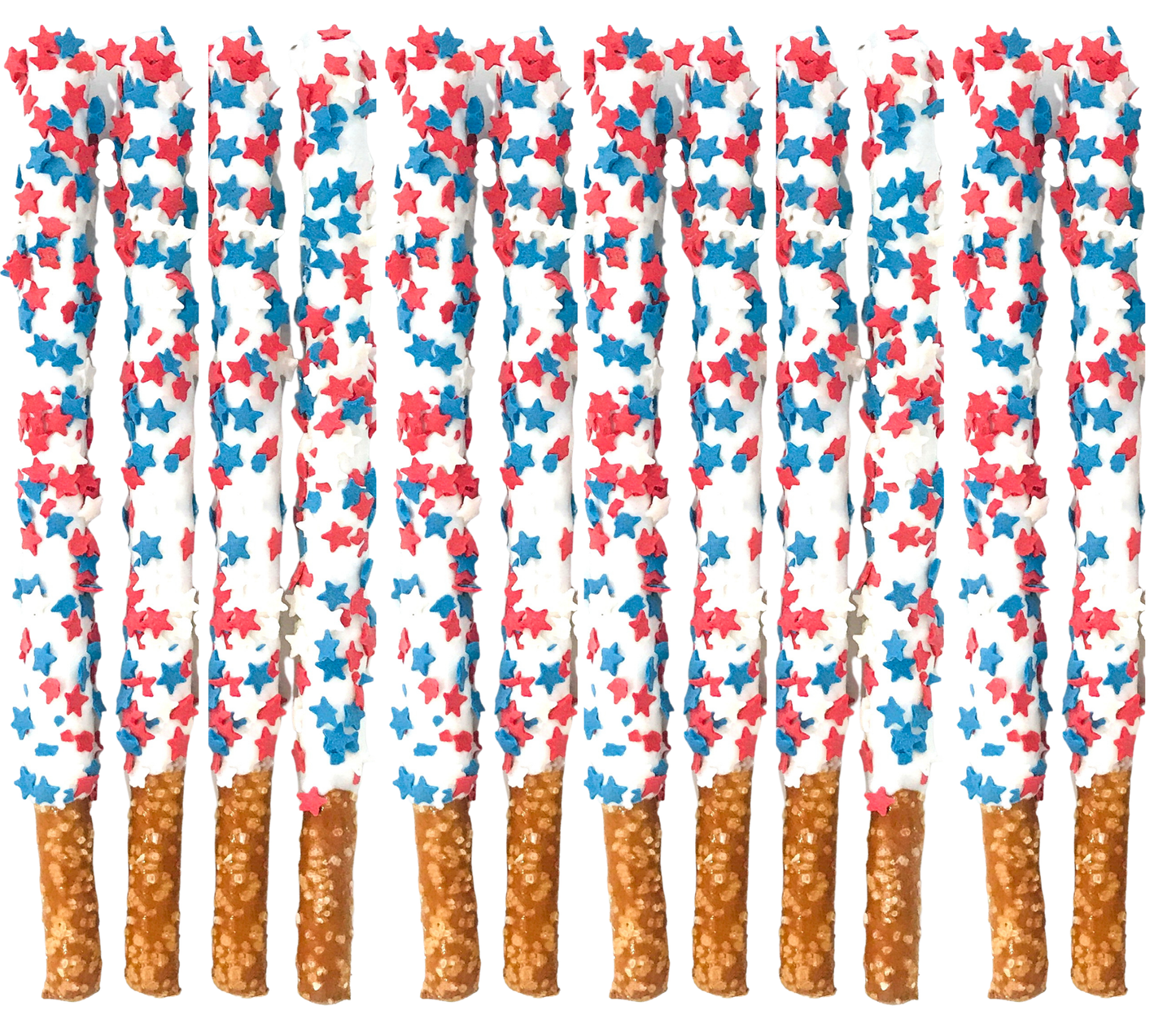 Patriotic White Chocolate Covered Pretzel Rods - Topped With Red, White, & Blue Stars