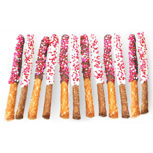 Valentine's Day Chocolate Pretzel Rods with Heart Sprinkles - Mixed Flavors