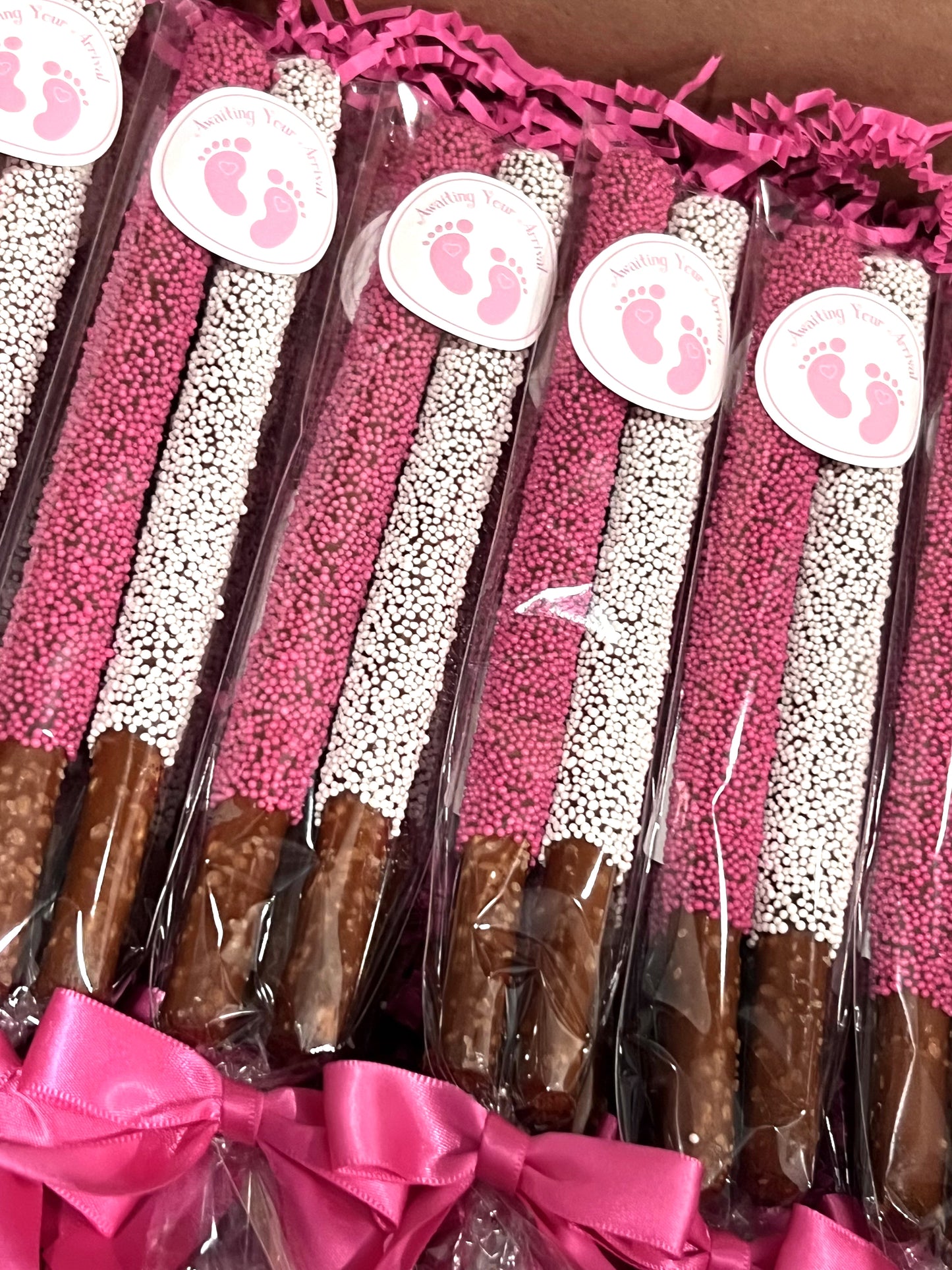 Baby Shower Chocolate Pretzel Rods - Girl (BRIGHT Pink & White)