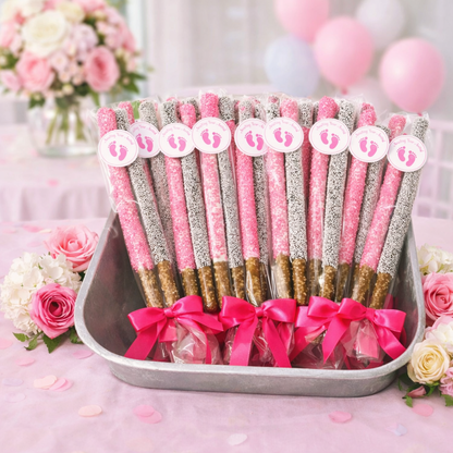 Baby Shower Chocolate Pretzel Rods - Girl (BRIGHT Pink & White)