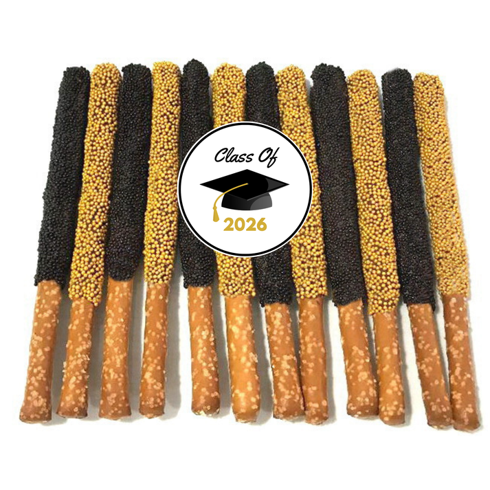 Graduation Chocolate Covered Pretzel Rods (Black & Gold) – Yummalicious ...
