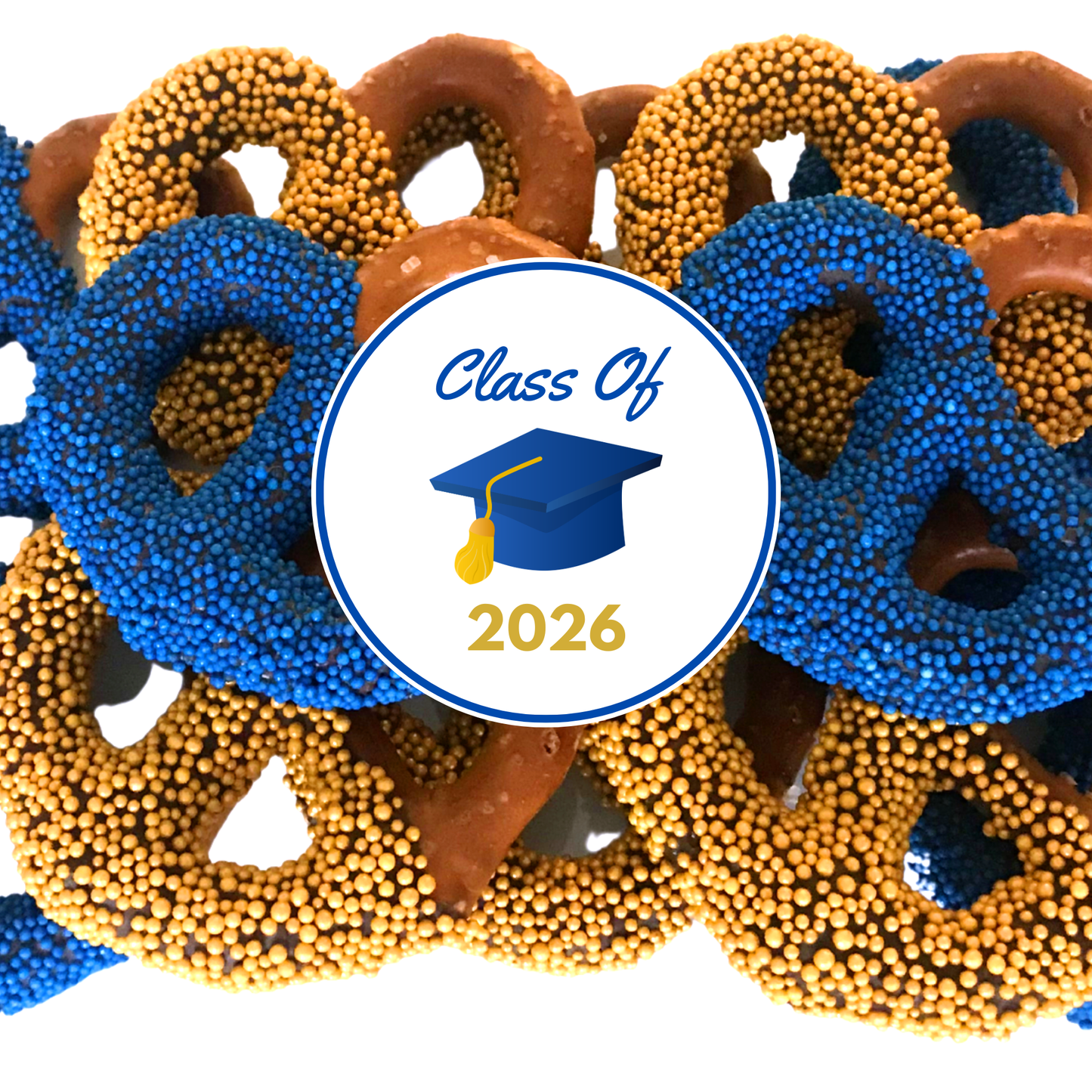 Graduation Chocolate Covered Jumbo Pretzels (Blue & Gold)