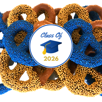 Graduation Chocolate Covered Jumbo Pretzels (Blue & Gold)