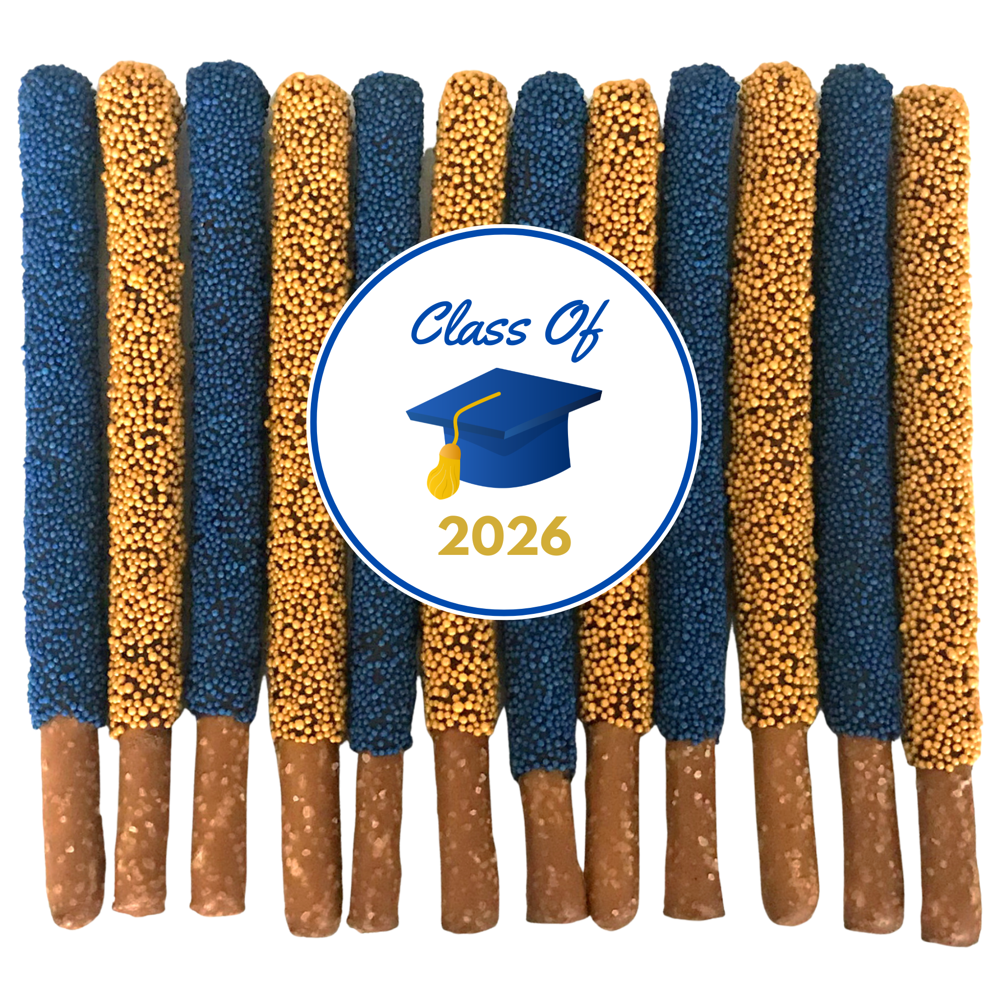 Graduation Chocolate Covered Pretzel Rods (Blue & Gold) – Yummalicious ...