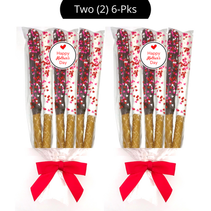 Mother's Day Chocolate Pretzel Rods with Heart Sprinkles - Mixed Flavors