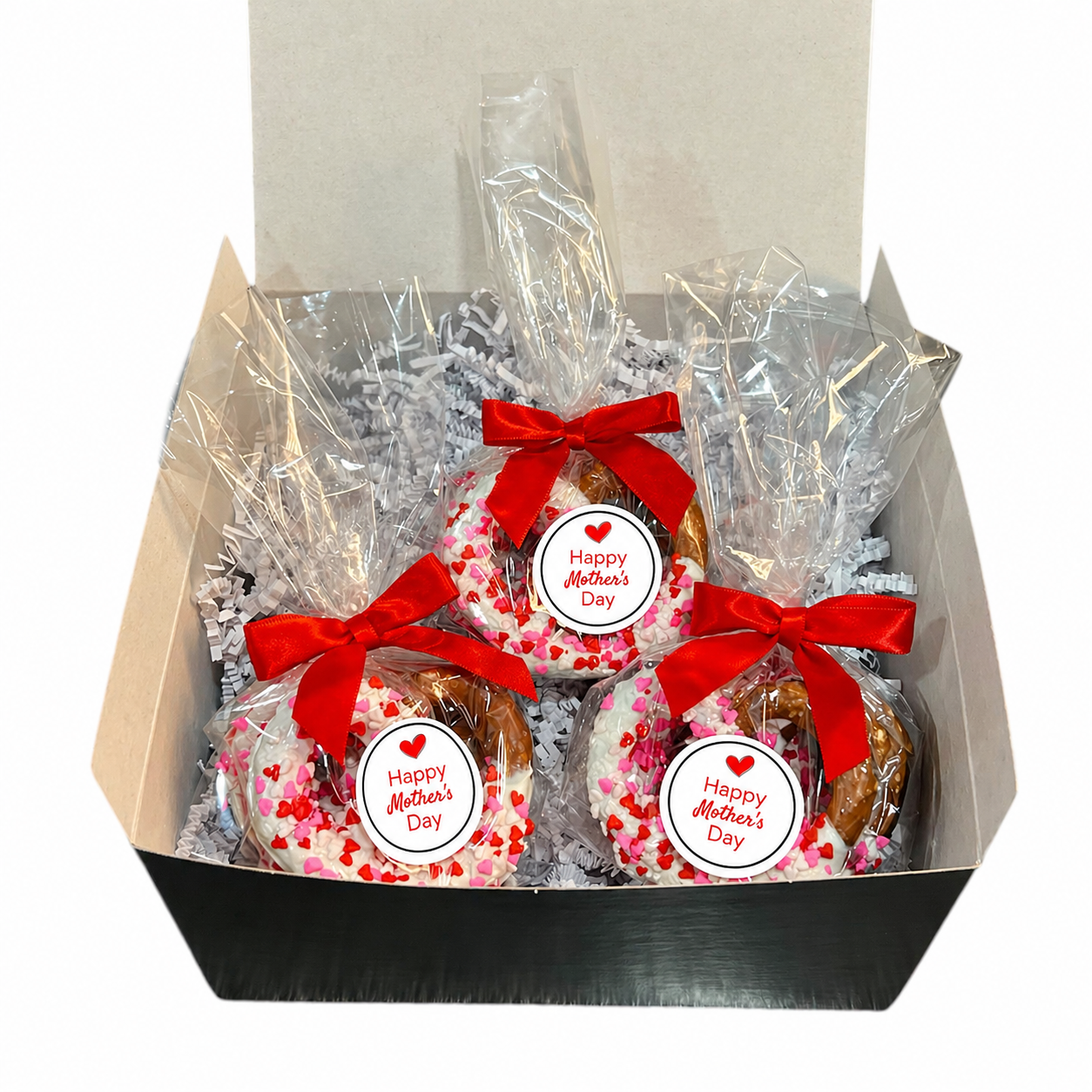 Mother's Day White Chocolate Covered Jumbo Pretzels with Heart Sprinkles