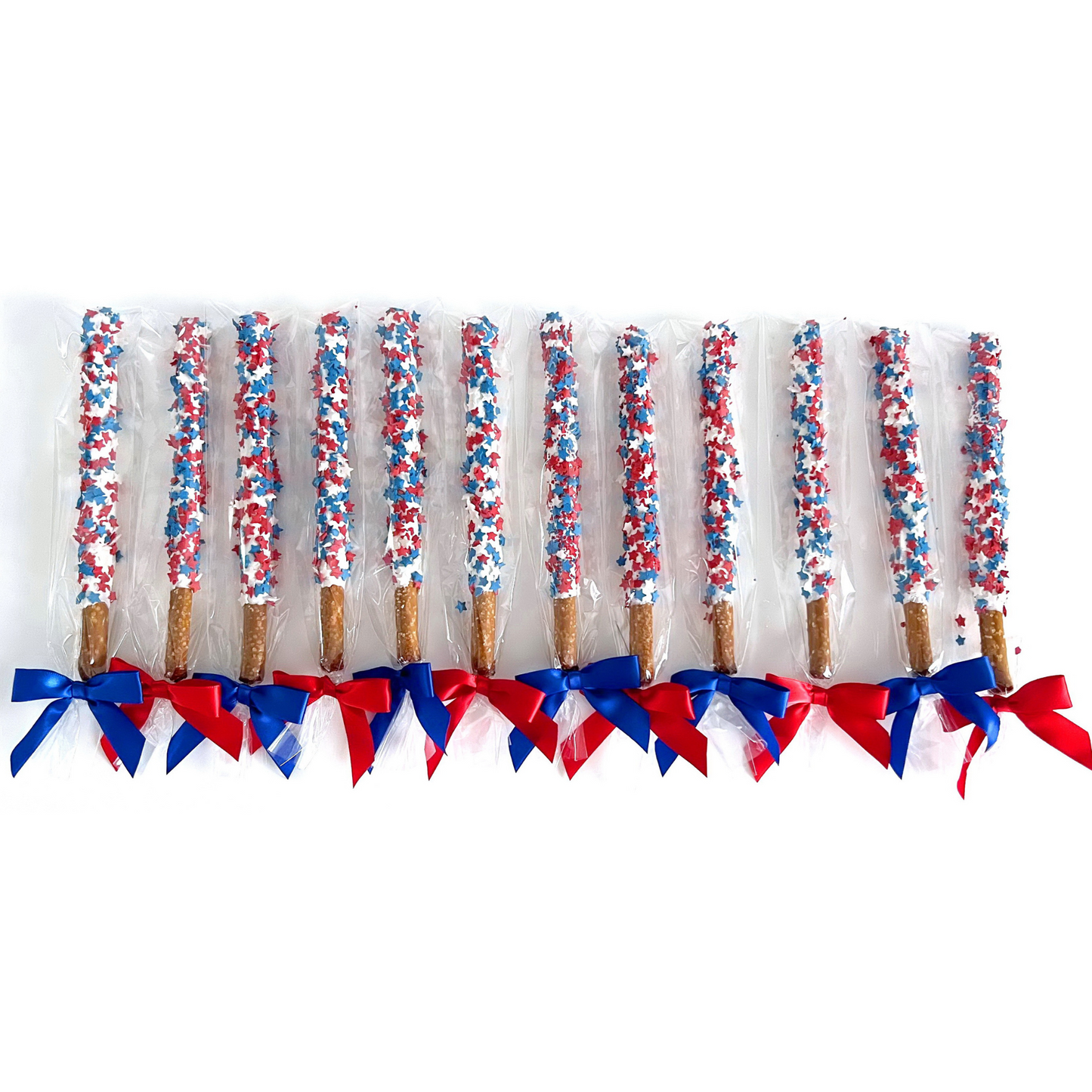 Patriotic White Chocolate Covered Pretzel Rods - Topped With Red, White, & Blue Stars