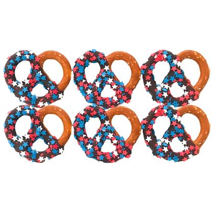 Patriotic Chocolate Covered Jumbo Pretzels - Topped With Red, White, & Blue Stars