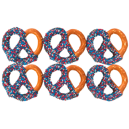 Patriotic Chocolate Covered Jumbo Pretzels - Topped With Red, White, & Blue Mixed Sprinkles