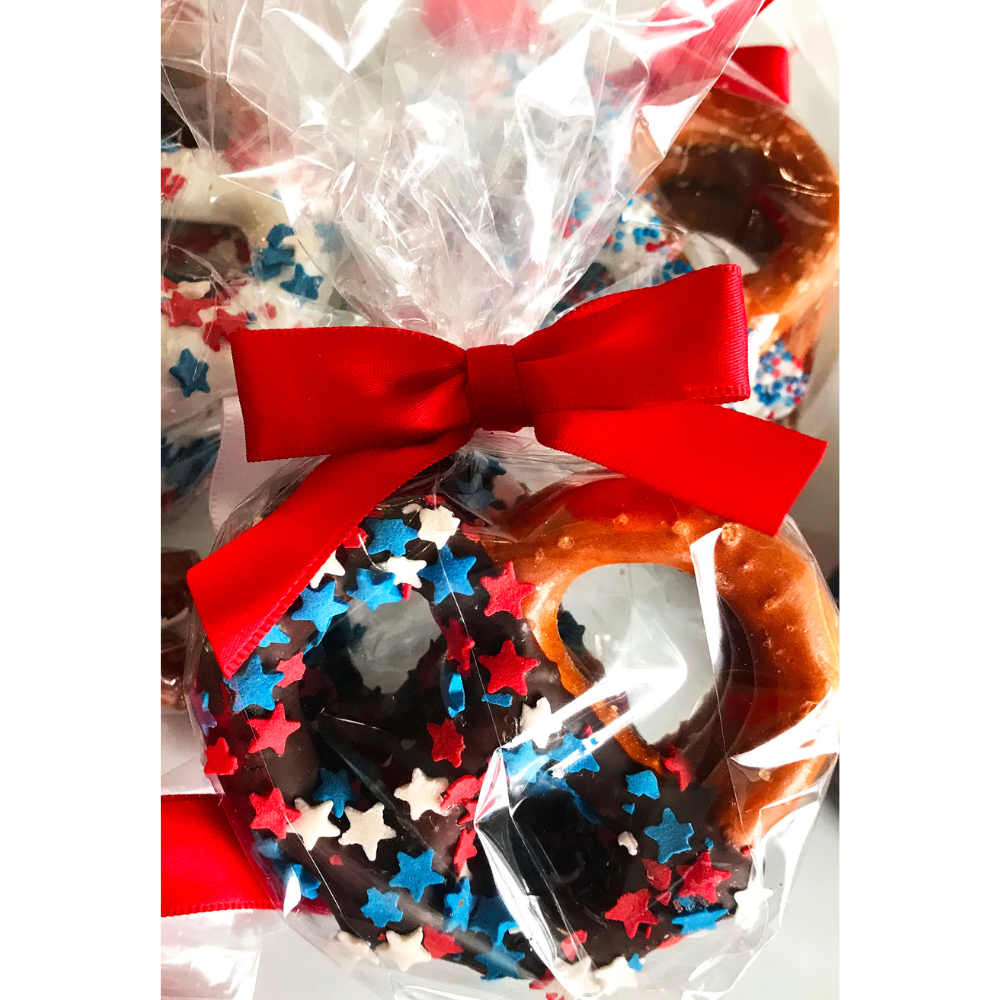 Patriotic Chocolate Covered Jumbo Pretzels - Topped With Red, White, & Blue Stars