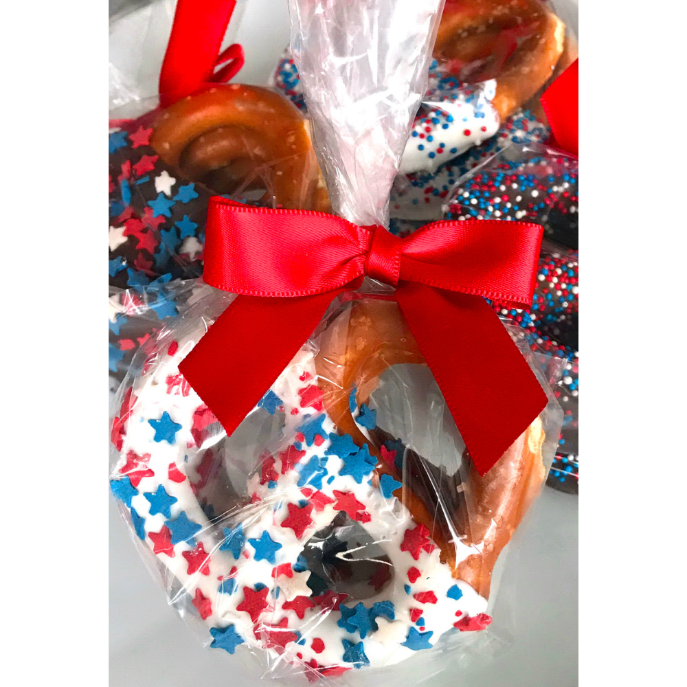 Patriotic White Chocolate Covered Jumbo Pretzels - Topped With Red, White, & Blue Stars