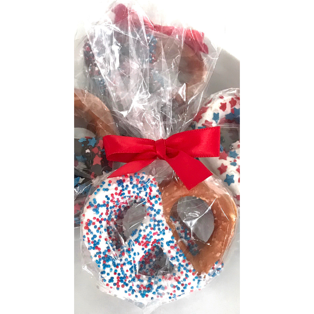 Patriotic White Chocolate Covered Jumbo Pretzels - Topped With Mixed Red, White, & Blue Sprinkles