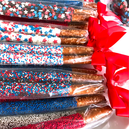 Assortment of Patriotic Chocolate Covered Pretzel Rods