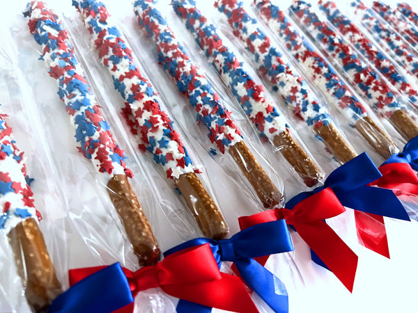 Patriotic White Chocolate Covered Pretzel Rods - Topped With Red, White, & Blue Stars