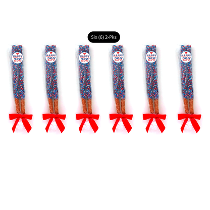 Patriotic Chocolate Covered Pretzel Rods - Topped With Red, White, & Blue Mixed Sprinkles