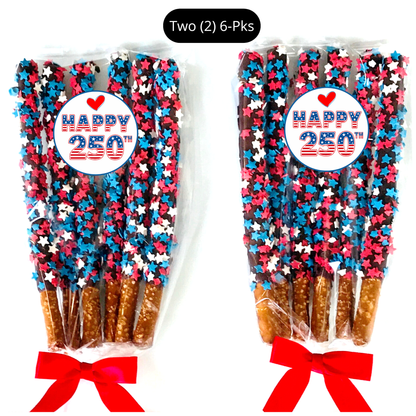 Patriotic Chocolate Covered Pretzel Rods - Topped With Red, White, & Blue Stars