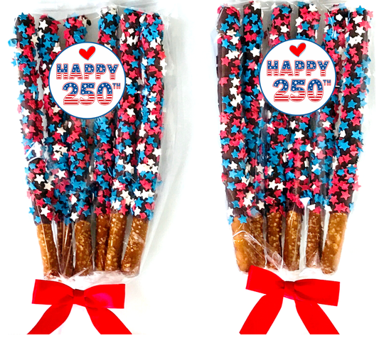 Patriotic Chocolate Covered Pretzel Rods - Topped With Red, White, & Blue Stars