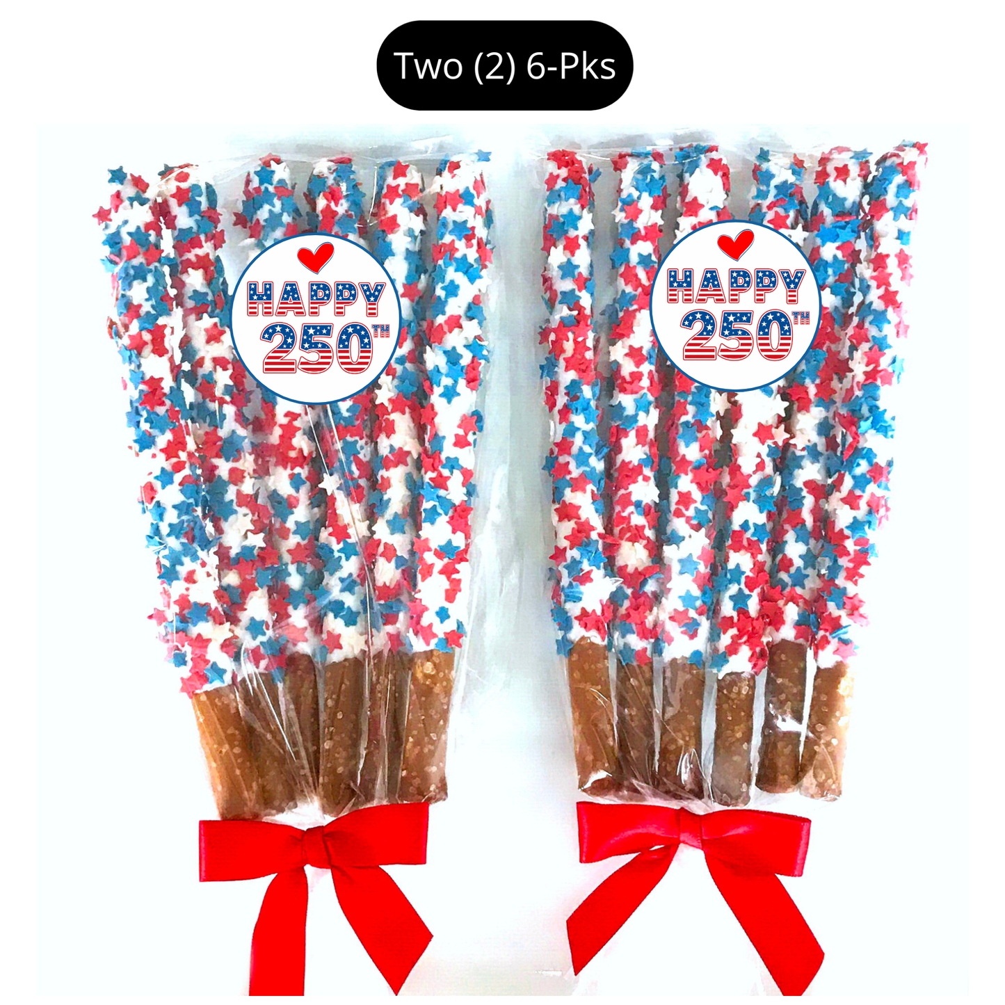 Patriotic White Chocolate Covered Pretzel Rods - Topped With Red, White, & Blue Stars