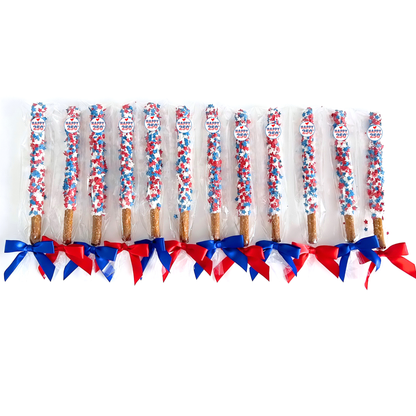 Patriotic White Chocolate Covered Pretzel Rods - Topped With Red, White, & Blue Stars