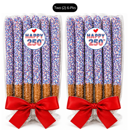 Patriotic White Chocolate Covered Pretzel Rods - Topped With Red, White, & Blue Mixed Sprinkles