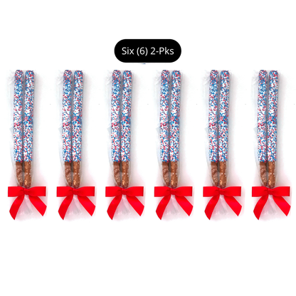 Patriotic White Chocolate Covered Pretzel Rods - Topped With Red, White, & Blue Mixed Sprinkles