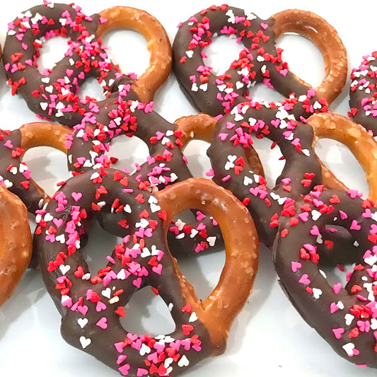 Mother's Day Chocolate Covered Jumbo Pretzels with Heart Sprinkles