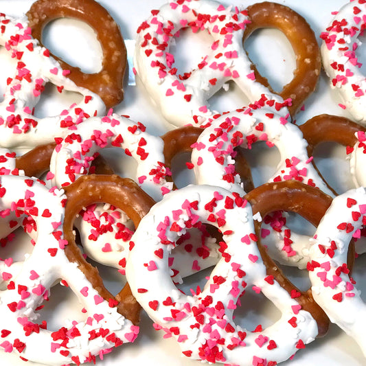 Mother's Day White Chocolate Covered Jumbo Pretzels with Heart Sprinkles