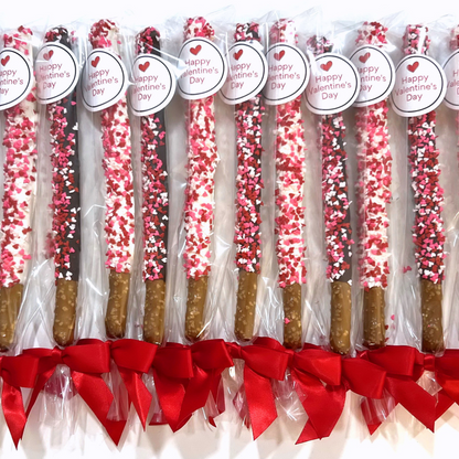 Valentine's Day Chocolate Pretzel Rods with Heart Sprinkles - Mixed Flavors