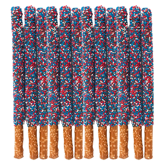 Patriotic Chocolate Covered Pretzel Rods - Topped With Red, White, & Blue Mixed Sprinkles