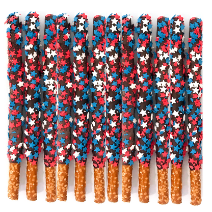 Patriotic Chocolate Covered Pretzel Rods - Topped With Red, White, & Blue Stars