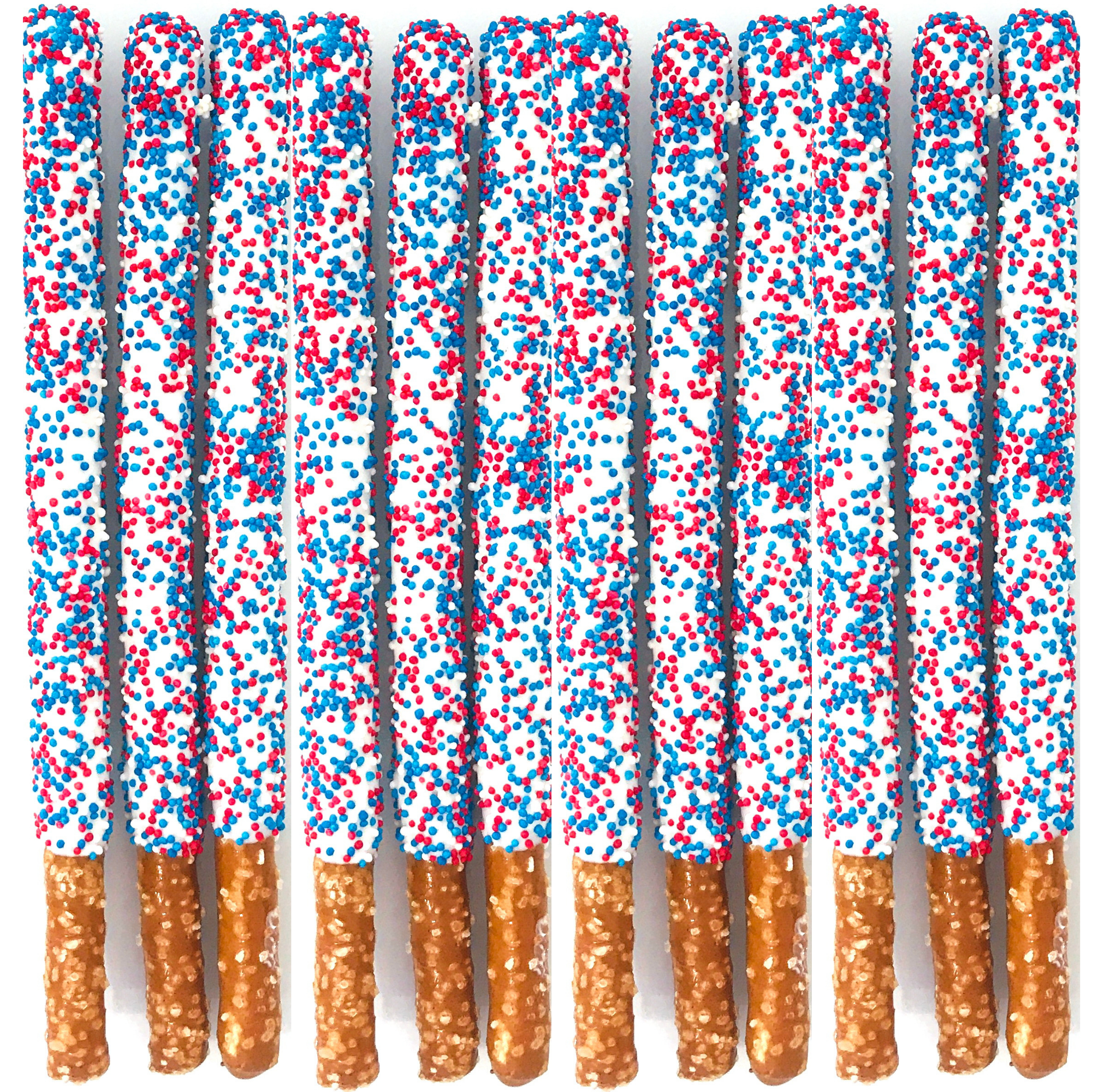 Patriotic White Chocolate Covered Pretzel Rods - Topped With Red, White, & Blue Mixed Sprinkles