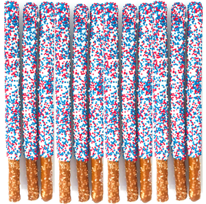 Patriotic White Chocolate Covered Pretzel Rods - Topped With Red, White, & Blue Mixed Sprinkles