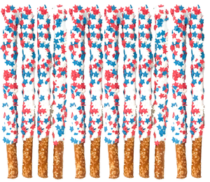 Patriotic White Chocolate Covered Pretzel Rods - Topped With Red, White, & Blue Stars