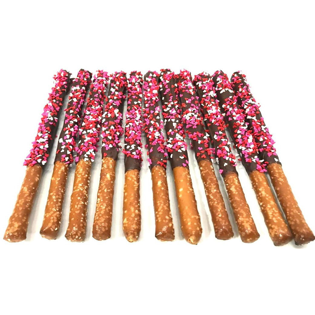 Valentine's Day Chocolate Pretzel Rods with Heart Sprinkles